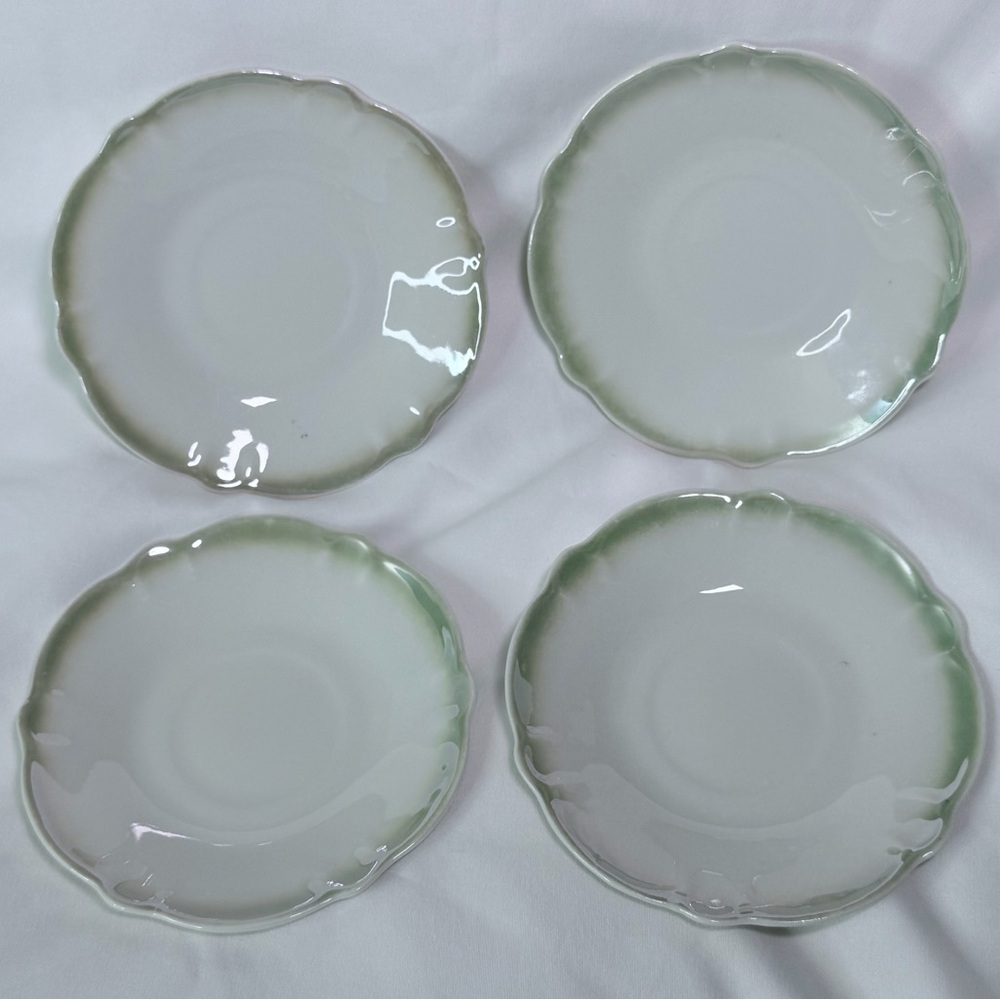 Antique Porcelain Green And White Vintage German Plates Scalloped Edge Set Of 4